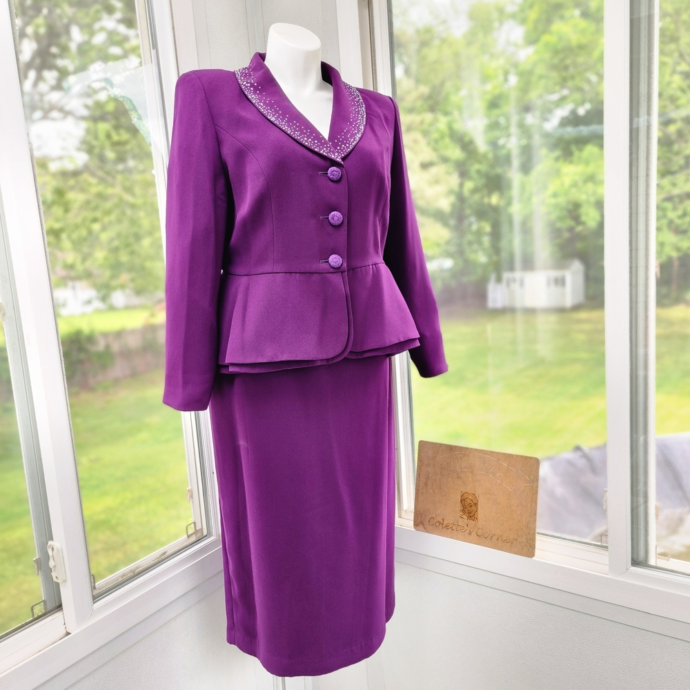 EY Signature Plum Peplum Sequience Studded Blazer & Long Skirt Suit Set